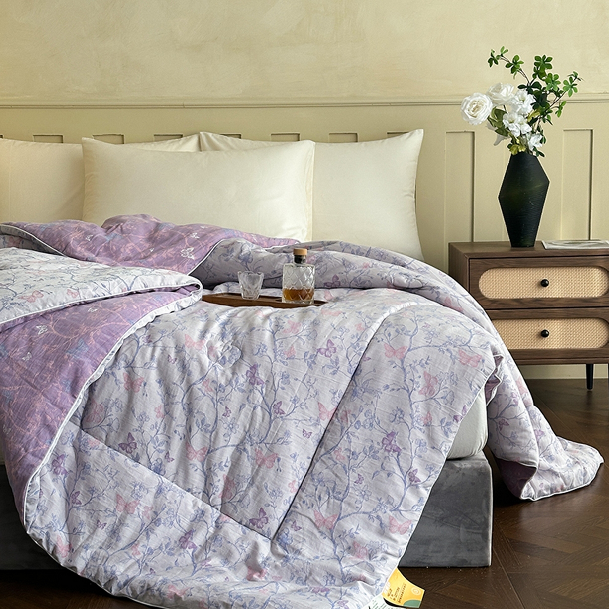 91家纺网 家纺一手货源 找家纺 睡棉坊 2025新款全棉纯棉色织提花双层纱冬被被子被芯 蝶结缘