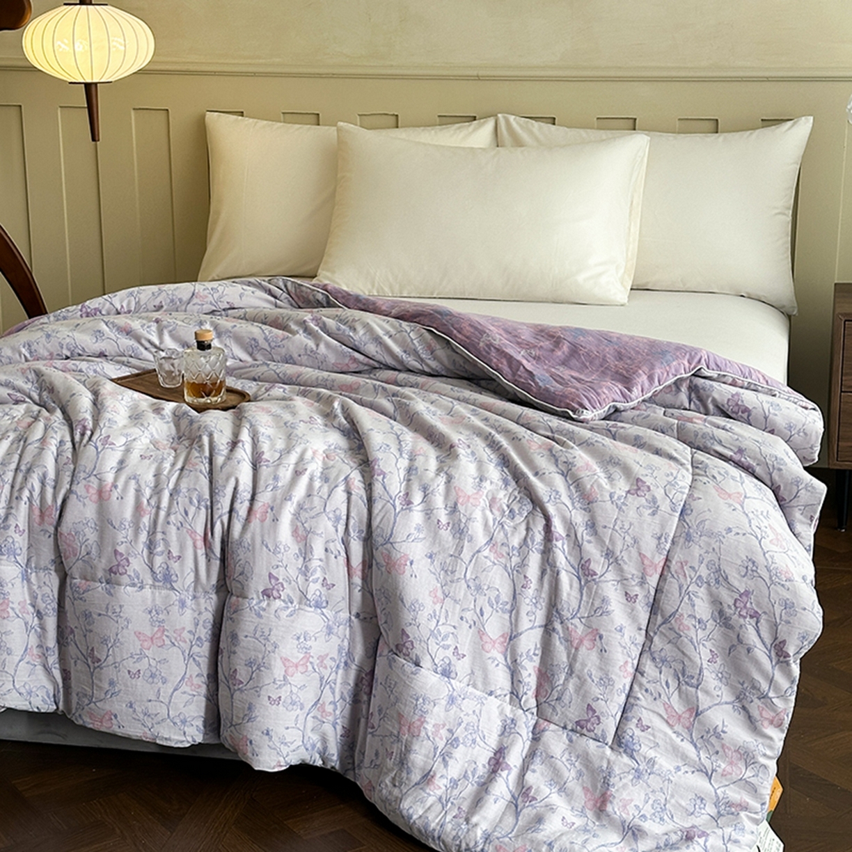 91家纺网 家纺一手货源 找家纺 睡棉坊 2025新款全棉纯棉色织提花双层纱冬被被子被芯 蝶结缘