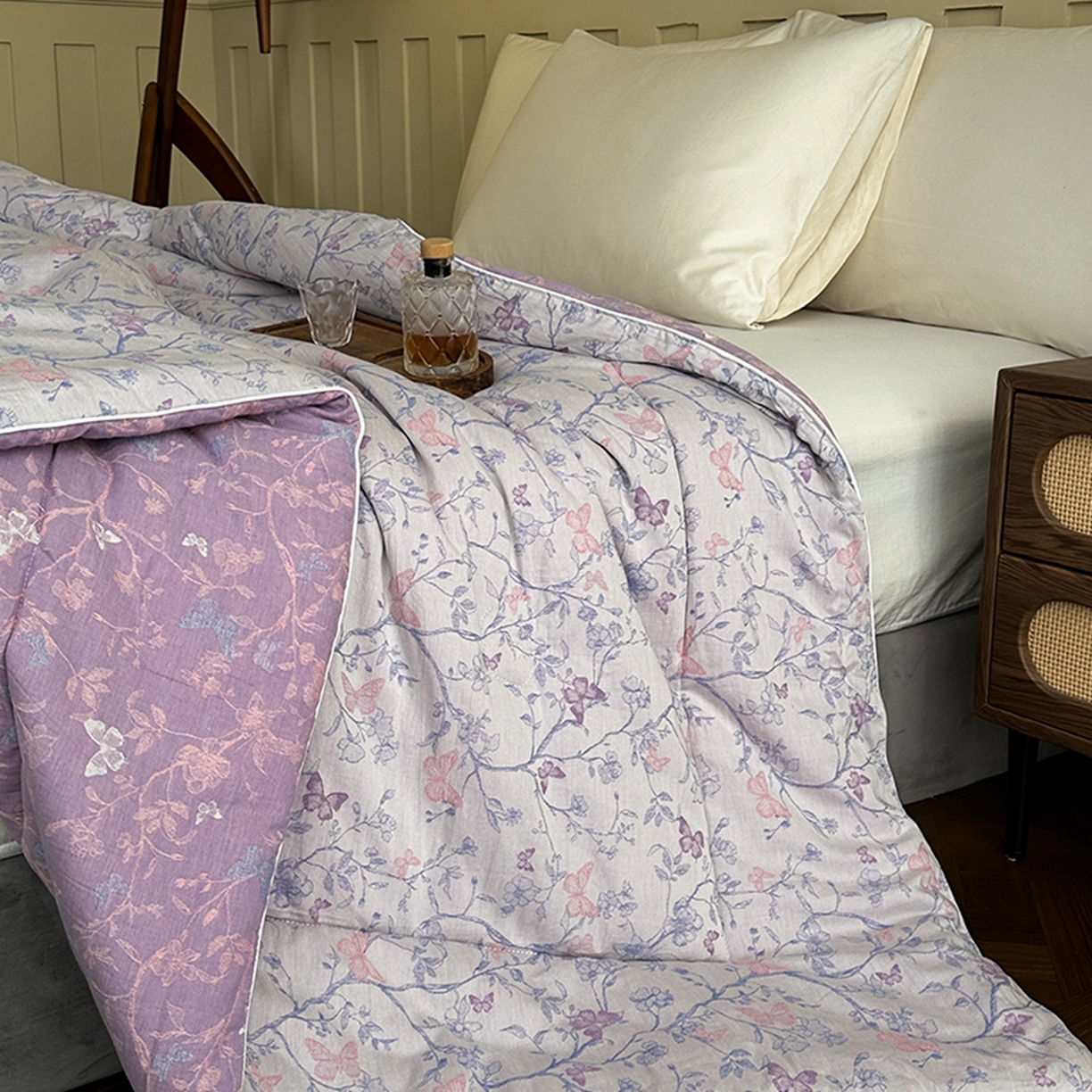 91家纺网 家纺一手货源 找家纺 睡棉坊 2025新款全棉纯棉色织提花双层纱冬被被子被芯 蝶结缘