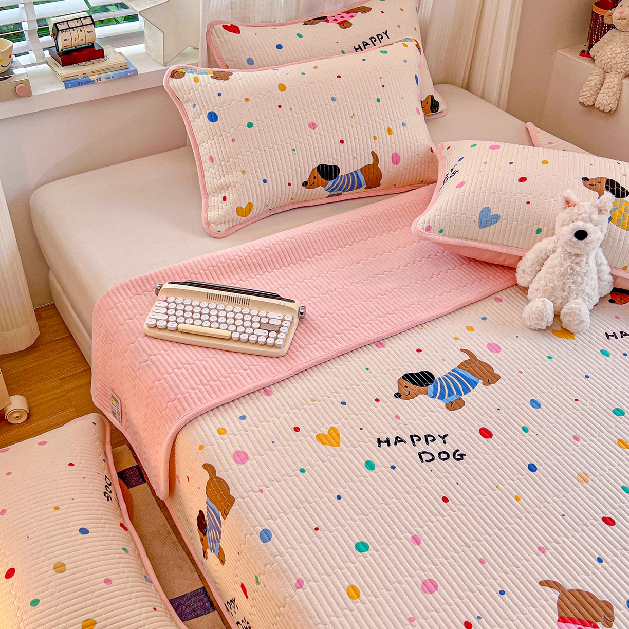 X猫先生 2025新品棉加绒床盖一面全棉一面牛奶绒床盖炕盖加厚床单床垫四季款系列二 甜心汪星人(A棉B绒）