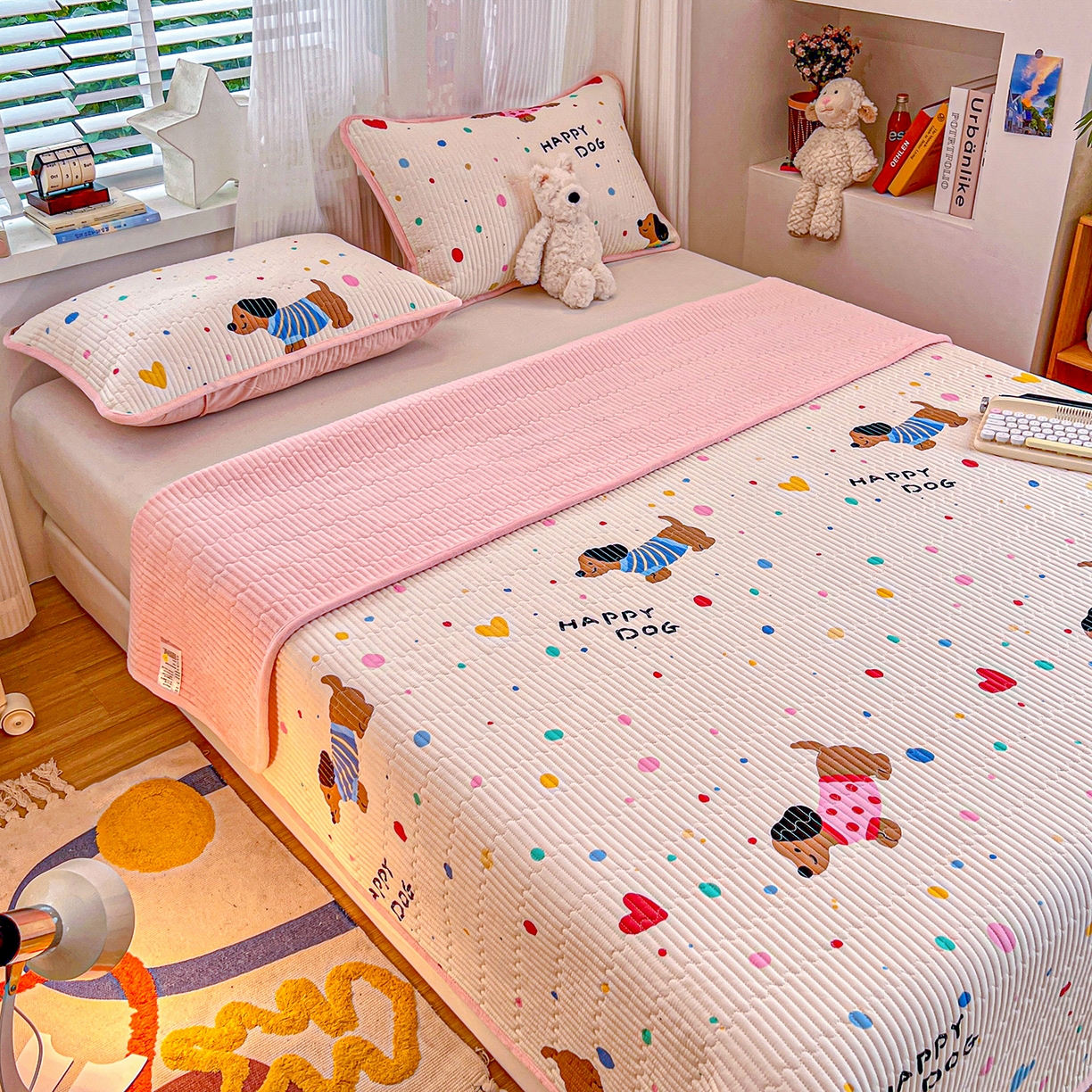 91家纺网 家纺一手货源 找家纺 X猫先生 2025新品棉加绒床盖一面全棉一面牛奶绒床盖炕盖加厚床单床垫四季款系列二 甜心汪星人(A棉B绒）