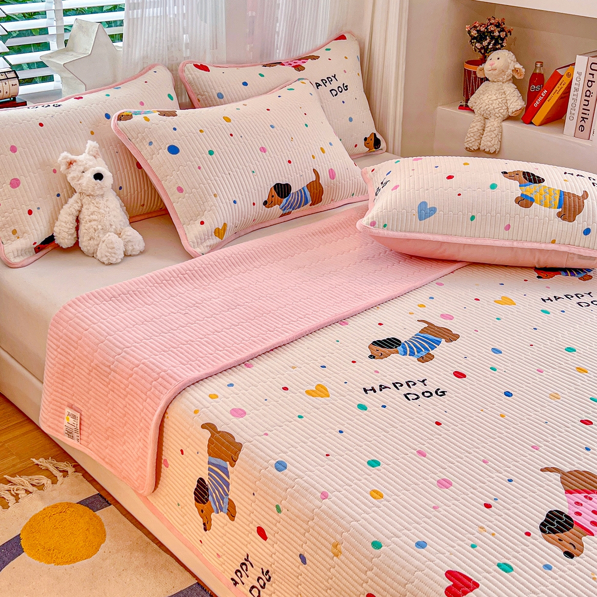 91家纺网 家纺一手货源 找家纺 X猫先生 2025新品棉加绒床盖一面全棉一面牛奶绒床盖炕盖加厚床单床垫四季款系列二 甜心汪星人(A棉B绒）