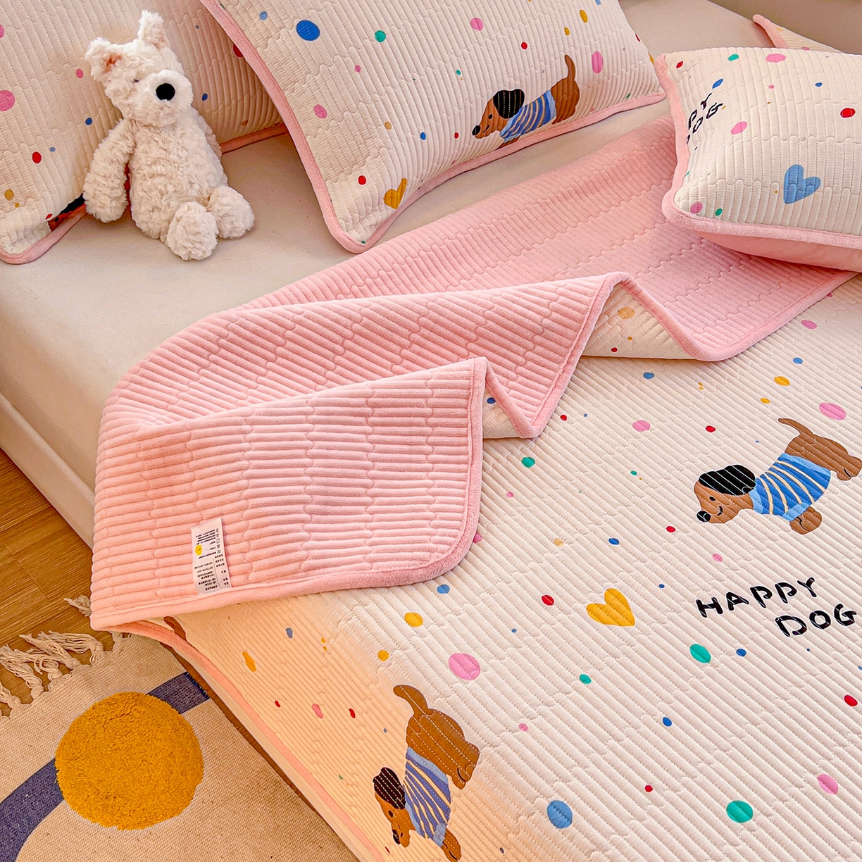 91家纺网 家纺一手货源 找家纺 X猫先生 2025新品棉加绒床盖一面全棉一面牛奶绒床盖炕盖加厚床单床垫四季款系列二 甜心汪星人(A棉B绒）