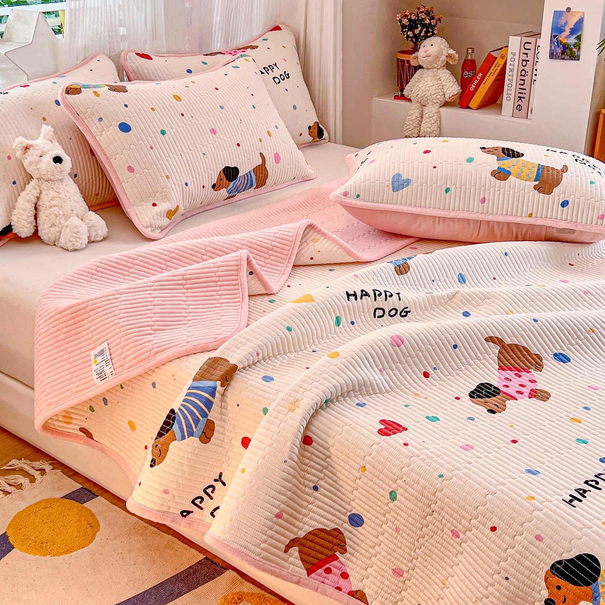 91家纺网 家纺一手货源 找家纺 X猫先生 2025新品棉加绒床盖一面全棉一面牛奶绒床盖炕盖加厚床单床垫四季款系列二 甜心汪星人(A棉B绒）