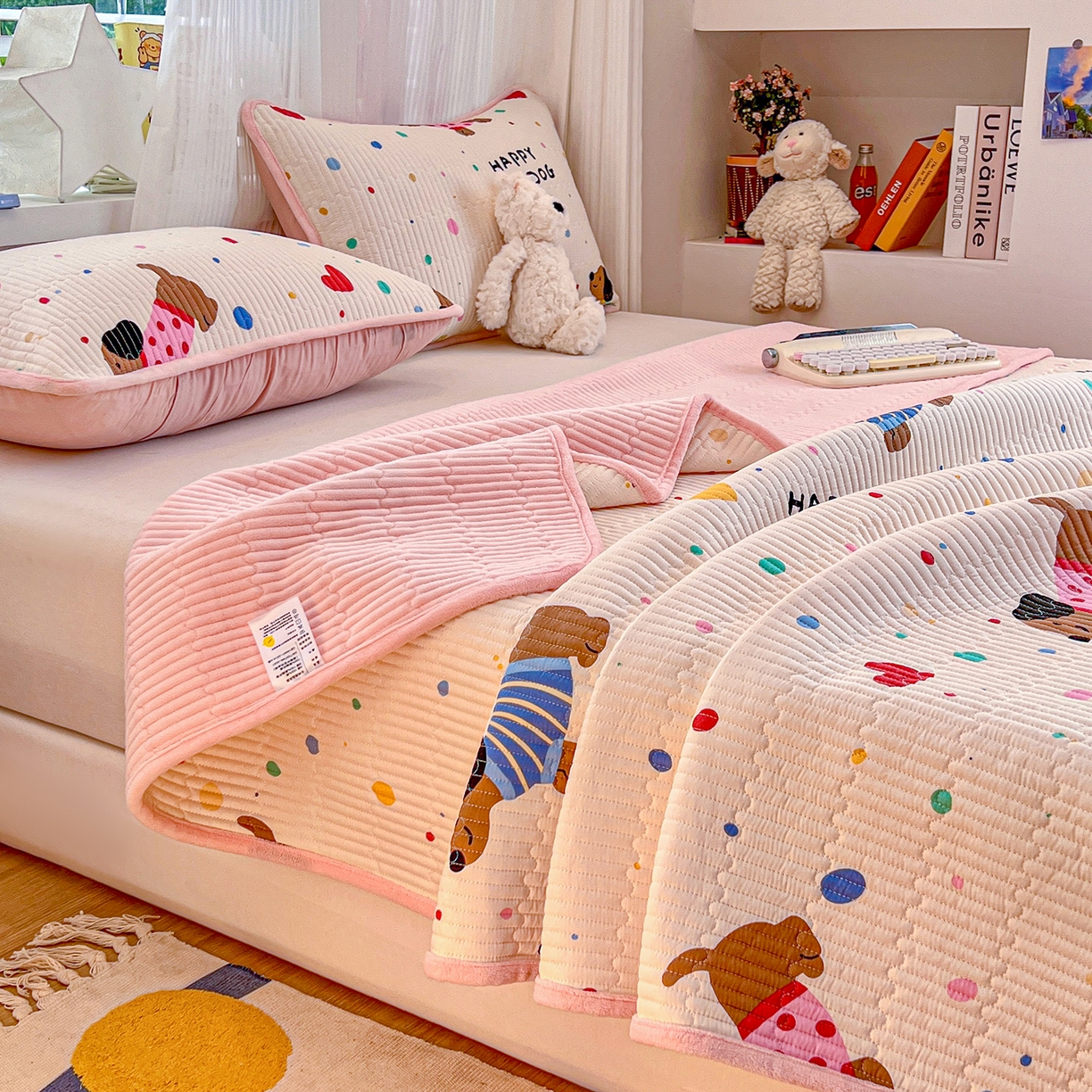 91家纺网 家纺一手货源 找家纺 X猫先生 2025新品棉加绒床盖一面全棉一面牛奶绒床盖炕盖加厚床单床垫四季款系列二 甜心汪星人(A棉B绒）