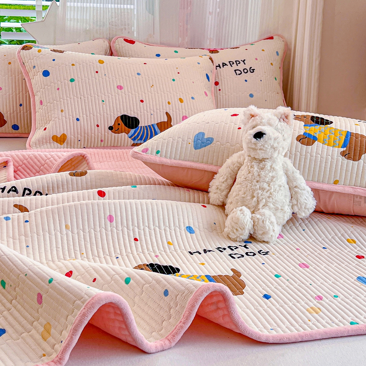 91家纺网 家纺一手货源 找家纺 X猫先生 2025新品棉加绒床盖一面全棉一面牛奶绒床盖炕盖加厚床单床垫四季款系列二 甜心汪星人(A棉B绒）