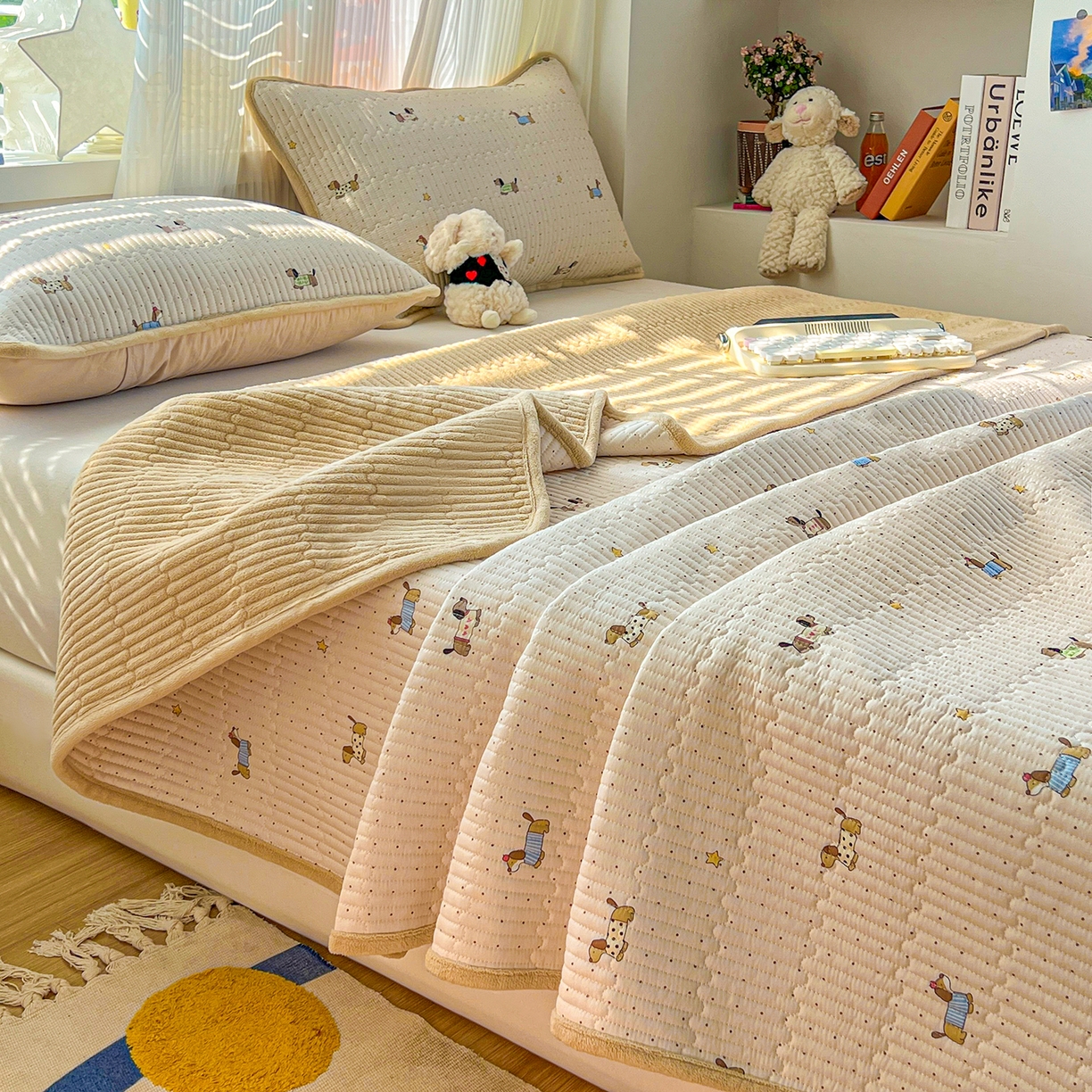 91家纺网 家纺一手货源 找家纺 X猫先生 2025新品棉加绒床盖一面全棉一面牛奶绒床盖炕盖加厚床单床垫四季款系列二 星星柯基（A棉B绒）