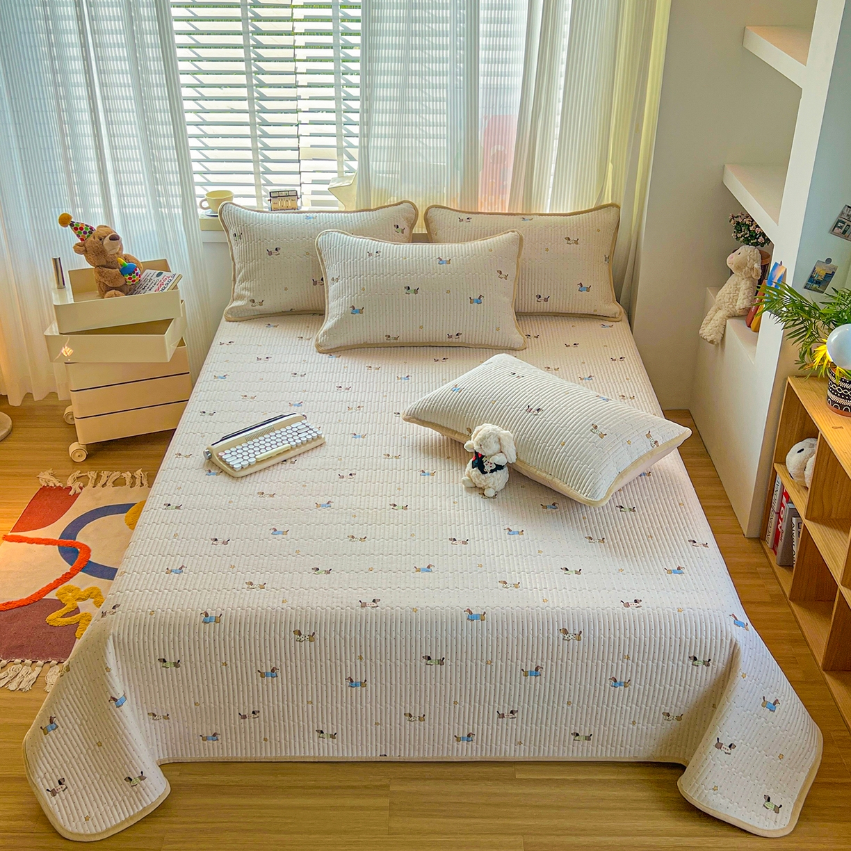 91家纺网 家纺一手货源 找家纺 X猫先生 2025新品棉加绒床盖一面全棉一面牛奶绒床盖炕盖加厚床单床垫四季款系列二 星星柯基（A棉B绒）