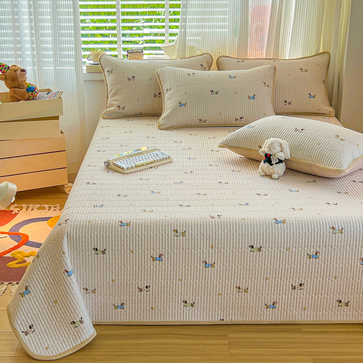 91家纺网 家纺一手货源 找家纺 X猫先生 2025新品棉加绒床盖一面全棉一面牛奶绒床盖炕盖加厚床单床垫四季款系列二 星星柯基（A棉B绒）