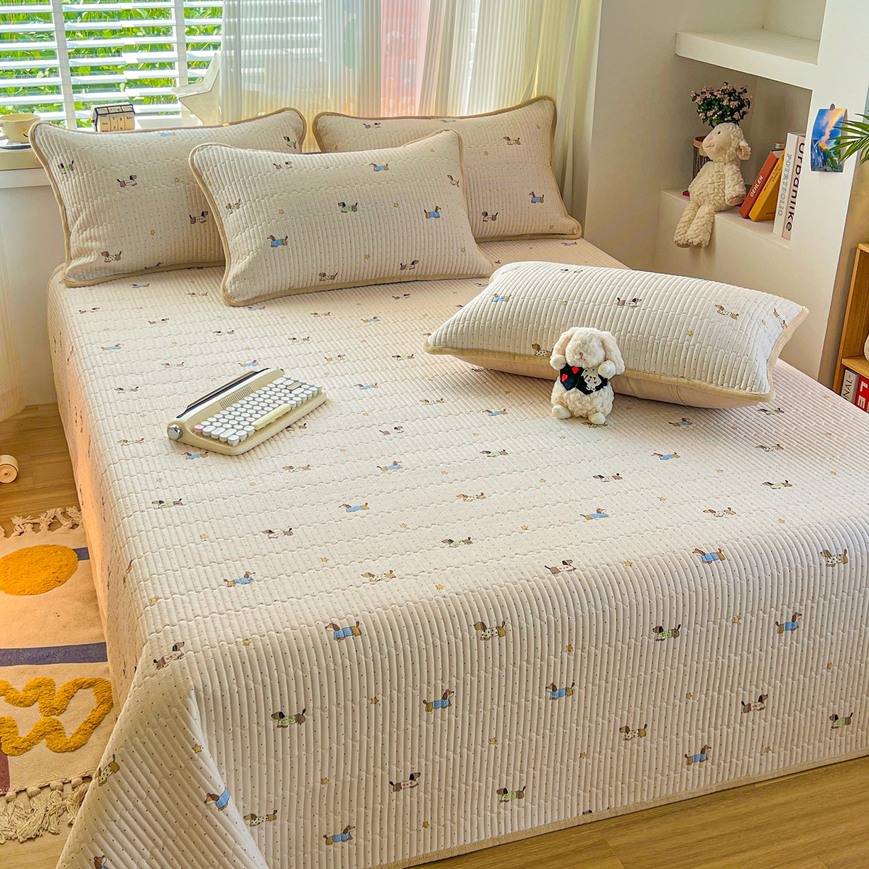 91家纺网 家纺一手货源 找家纺 X猫先生 2025新品棉加绒床盖一面全棉一面牛奶绒床盖炕盖加厚床单床垫四季款系列二 星星柯基（A棉B绒）