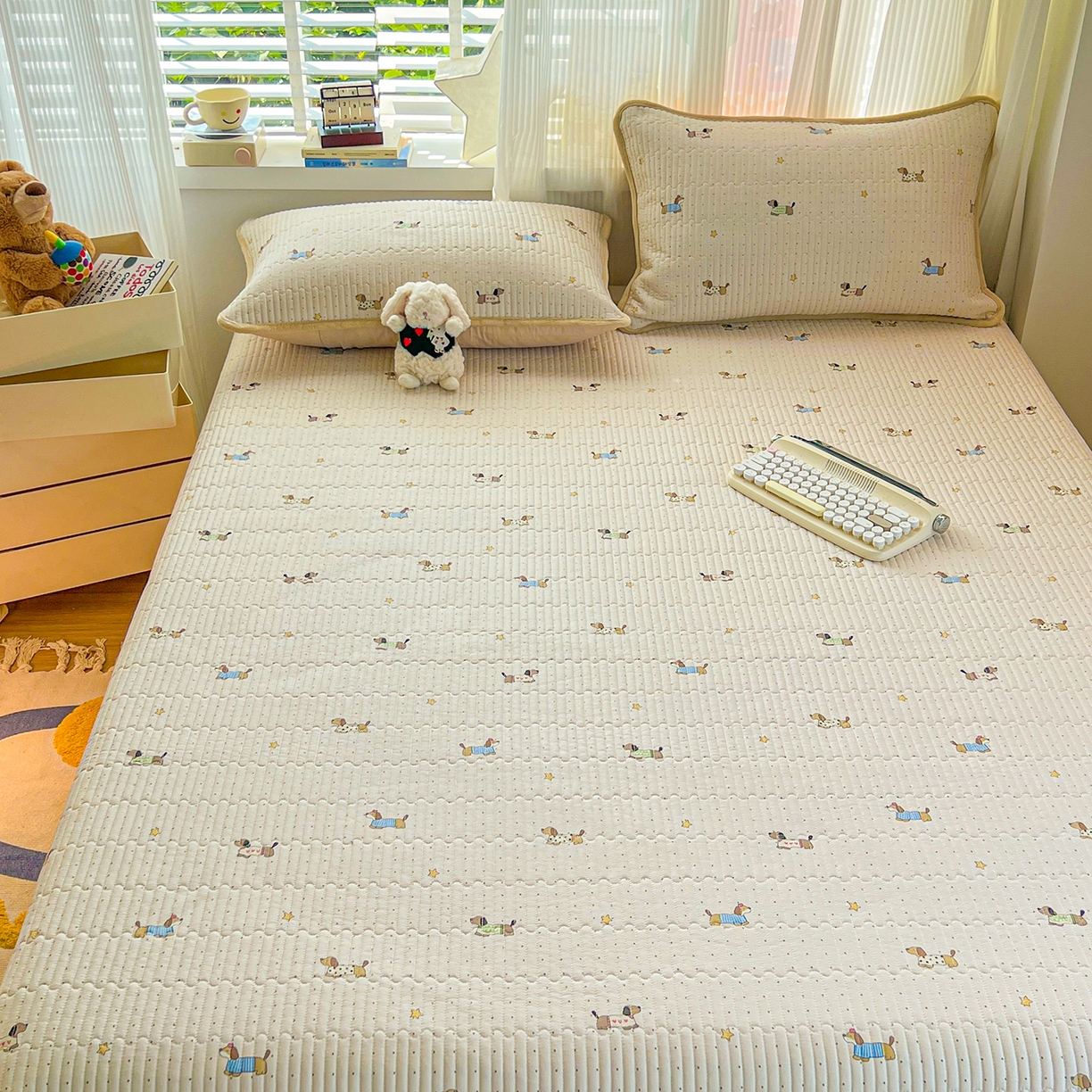 91家纺网 家纺一手货源 找家纺 X猫先生 2025新品棉加绒床盖一面全棉一面牛奶绒床盖炕盖加厚床单床垫四季款系列二 星星柯基（A棉B绒）