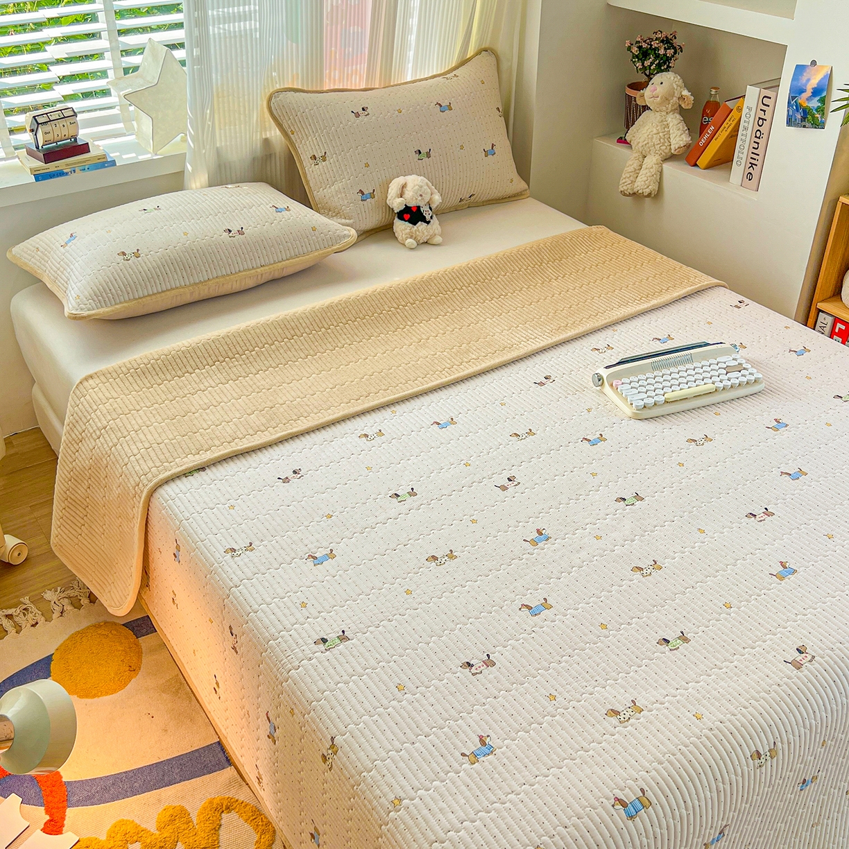 91家纺网 家纺一手货源 找家纺 X猫先生 2025新品棉加绒床盖一面全棉一面牛奶绒床盖炕盖加厚床单床垫四季款系列二 星星柯基（A棉B绒）