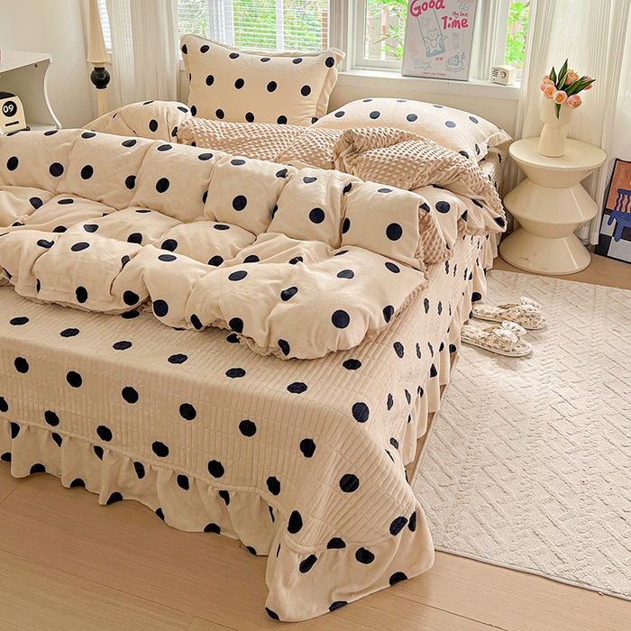 91家纺网 家纺一手货源 找家纺 一比一 2025新款加厚保暖豆豆牛奶绒床盖款四件套奶茶啵啵