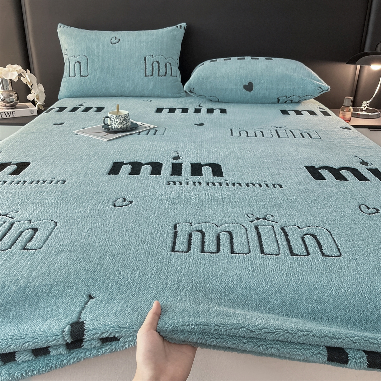 91家纺网 家纺一手货源 找家纺 慕木家纺 2025新款A类高克重云暮绒床笠款四件套(跨境专供首选）提供买家秀 云暮绒min床笠四件套-云朵蓝