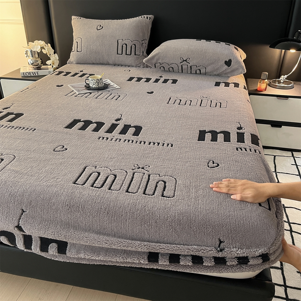 91家纺网 家纺一手货源 找家纺 慕木家纺 2025新款A类高克重云暮绒床笠款四件套(跨境专供首选）提供买家秀 云暮绒min床笠四件套-云絮灰