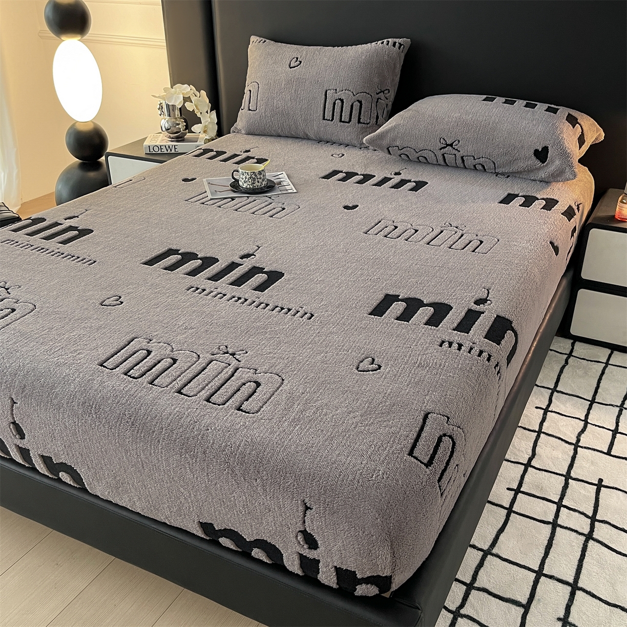 91家纺网 家纺一手货源 找家纺 慕木家纺 2025新款A类高克重云暮绒床笠款四件套(跨境专供首选）提供买家秀 云暮绒min床笠四件套-云絮灰