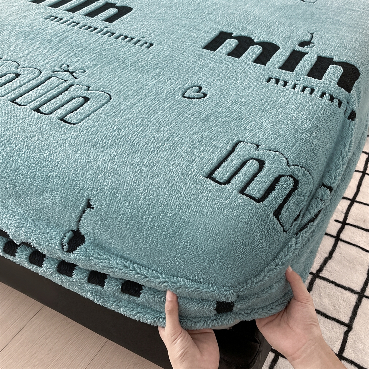 91家纺网 家纺一手货源 找家纺 慕木家纺 2025新款A类高克重云暮绒床笠款四件套(跨境专供首选）提供买家秀 云暮绒min床笠四件套-云朵蓝