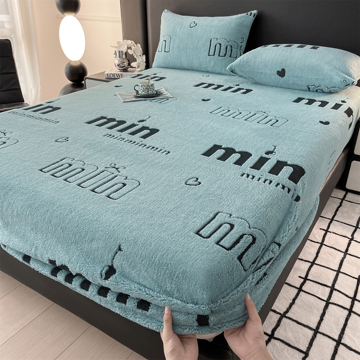 91家纺网 家纺一手货源 找家纺 慕木家纺 2025新款A类高克重云暮绒床笠款四件套(跨境专供首选）提供买家秀 云暮绒min床笠四件套-云朵蓝