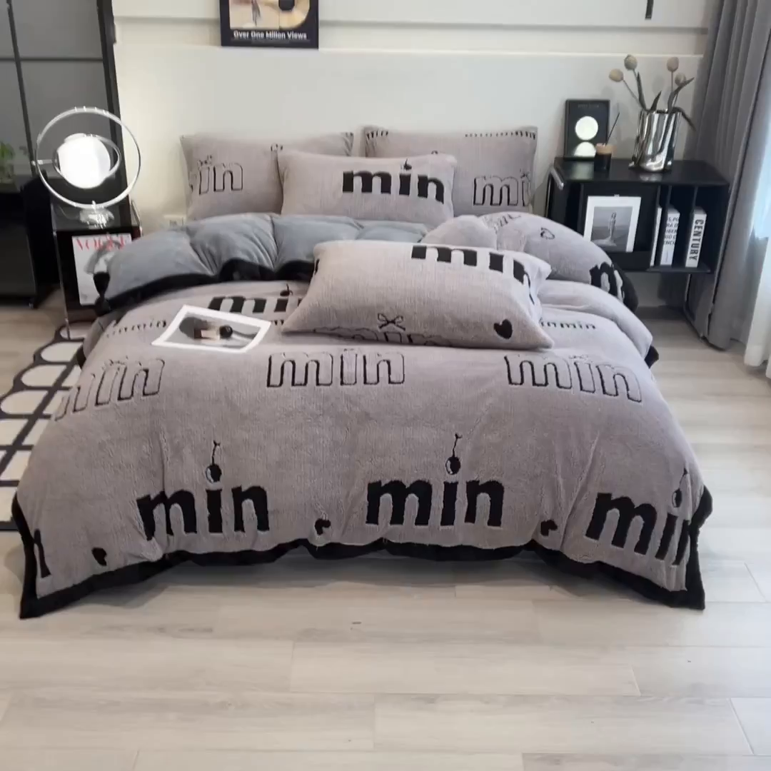 91家纺网 家纺一手货源 找家纺 慕木家纺 2025新款A类高克重云暮绒床笠款四件套(跨境专供首选）提供买家秀 云暮绒min床笠四件套-云絮灰