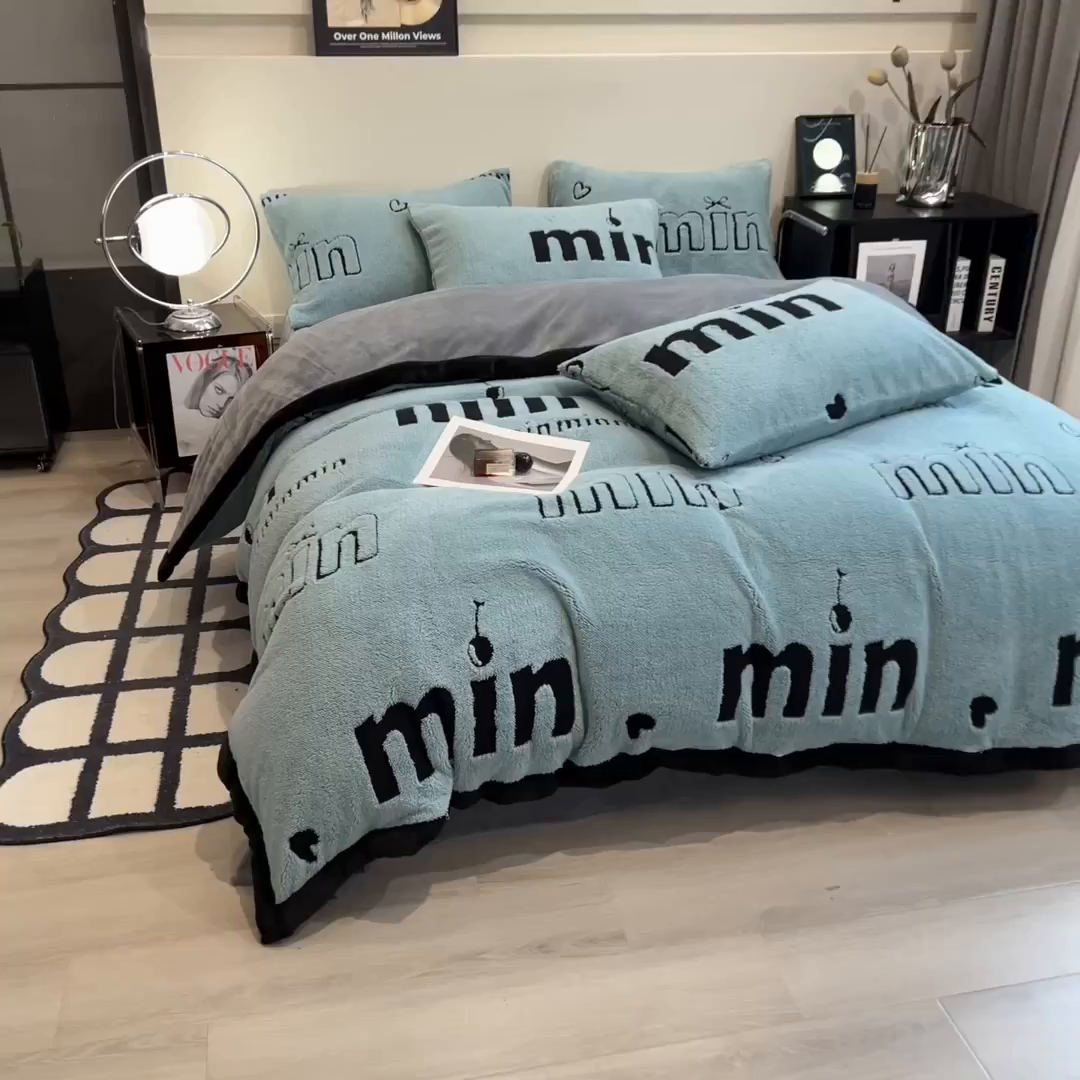 91家纺网 家纺一手货源 找家纺 慕木家纺 2025新款A类高克重云暮绒床笠款四件套(跨境专供首选）提供买家秀 云暮绒min床笠四件套-云朵蓝