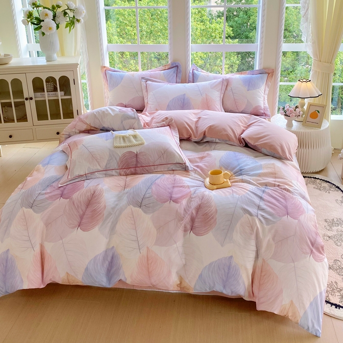 91家纺网 家纺一手货源 找家纺 星期三家纺 2025新款10月新款铂金全棉纯棉13372四件套 初夏叶吟-粉