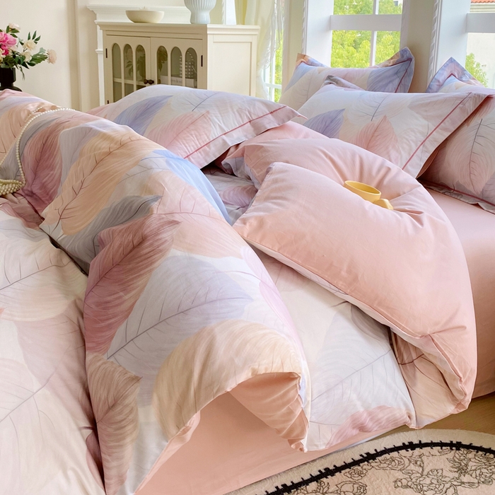 91家纺网 家纺一手货源 找家纺 星期三家纺 2025新款10月新款铂金全棉纯棉13372四件套 初夏叶吟-粉