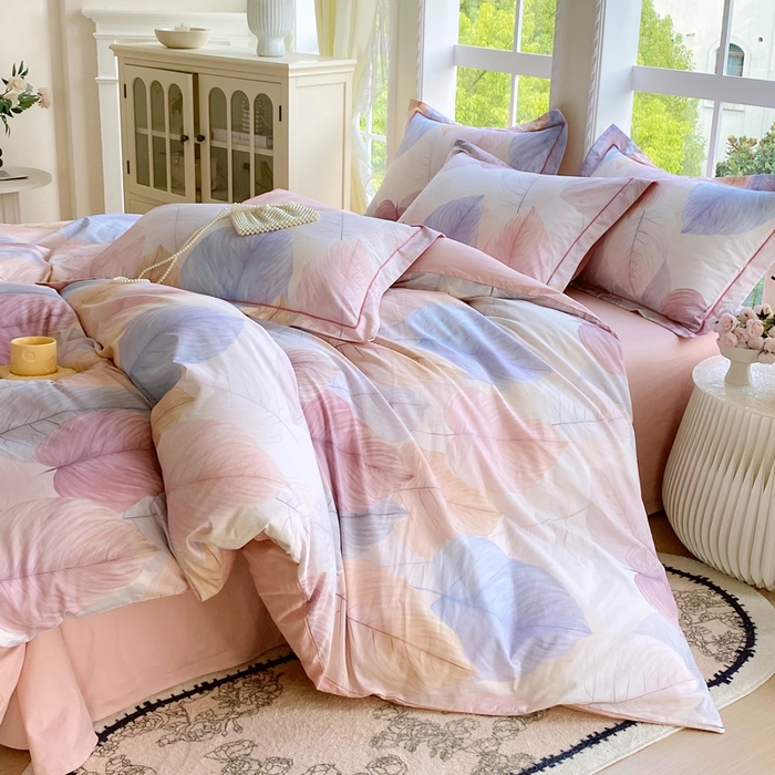 91家纺网 家纺一手货源 找家纺 星期三家纺 2025新款10月新款铂金全棉纯棉13372四件套 初夏叶吟-粉