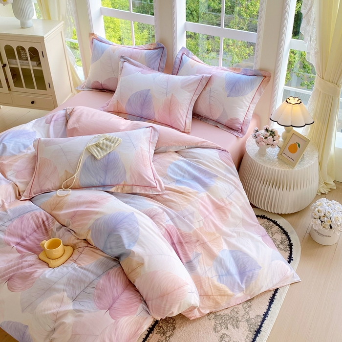 91家纺网 家纺一手货源 找家纺 星期三家纺 2025新款10月新款铂金全棉纯棉13372四件套 初夏叶吟-粉