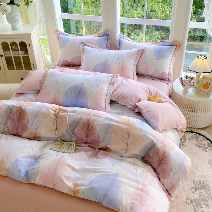 91家纺网 家纺一手货源 找家纺 星期三家纺 2025新款10月新款铂金全棉纯棉13372四件套 初夏叶吟-粉