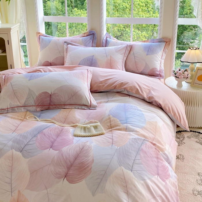 91家纺网 家纺一手货源 找家纺 星期三家纺 2025新款10月新款铂金全棉纯棉13372四件套 初夏叶吟-粉