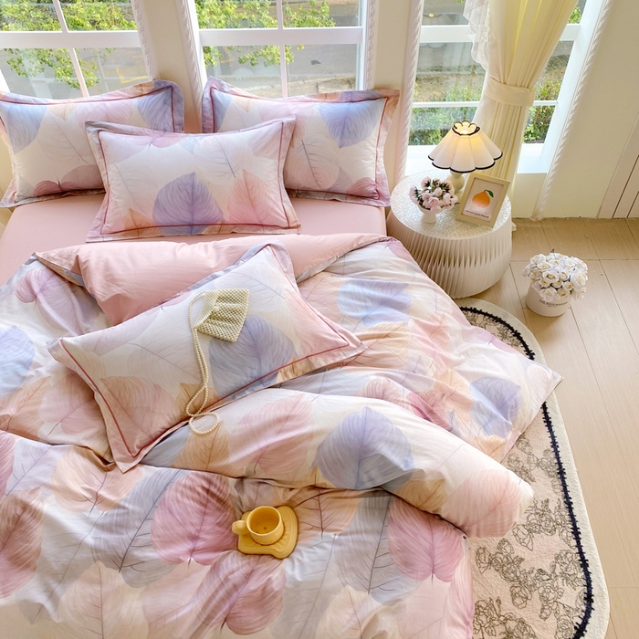 91家纺网 家纺一手货源 找家纺 星期三家纺 2025新款10月新款铂金全棉纯棉13372四件套 初夏叶吟-粉