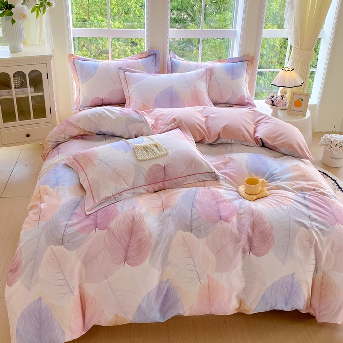 91家纺网 家纺一手货源 找家纺 星期三家纺 2025新款10月新款铂金全棉纯棉13372四件套 初夏叶吟-粉