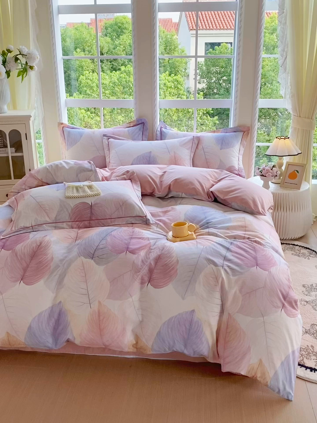 91家纺网 家纺一手货源 找家纺 星期三家纺 2025新款10月新款铂金全棉纯棉13372四件套 初夏叶吟-粉