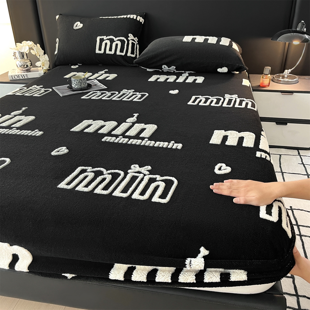 91家纺网 家纺一手货源 找家纺 慕木家纺 2025新款A类高克重云暮绒床笠款四件套(跨境专供首选）提供买家秀 云暮绒min床笠四件套-墨池黑