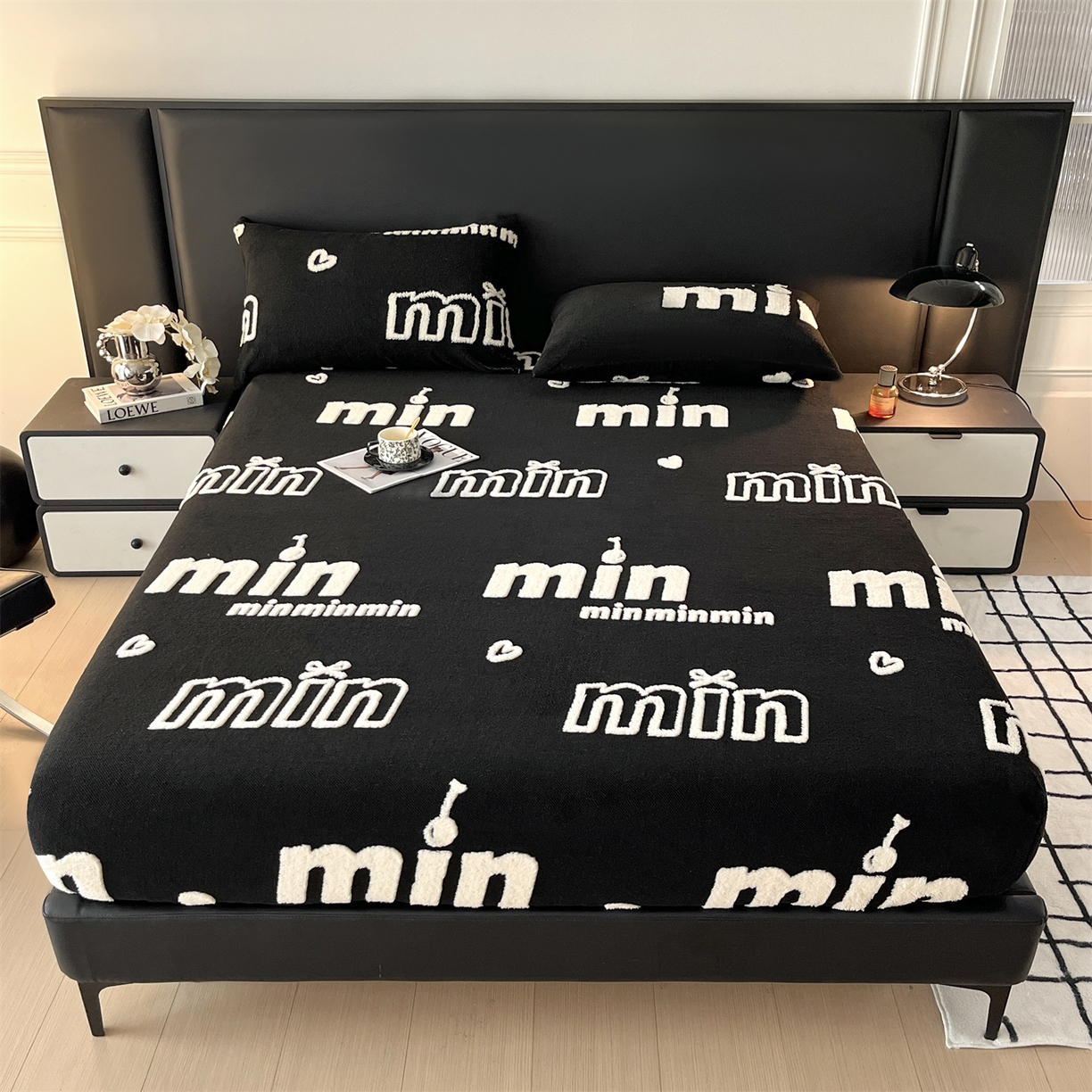 91家纺网 家纺一手货源 找家纺 慕木家纺 2025新款A类高克重云暮绒床笠款四件套(跨境专供首选）提供买家秀 云暮绒min床笠四件套-墨池黑