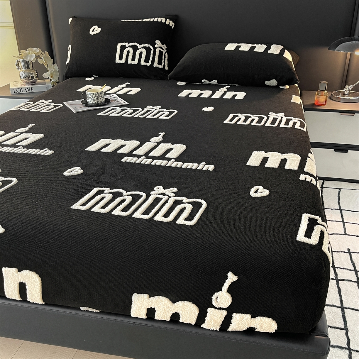 91家纺网 家纺一手货源 找家纺 慕木家纺 2025新款A类高克重云暮绒床笠款四件套(跨境专供首选）提供买家秀 云暮绒min床笠四件套-墨池黑