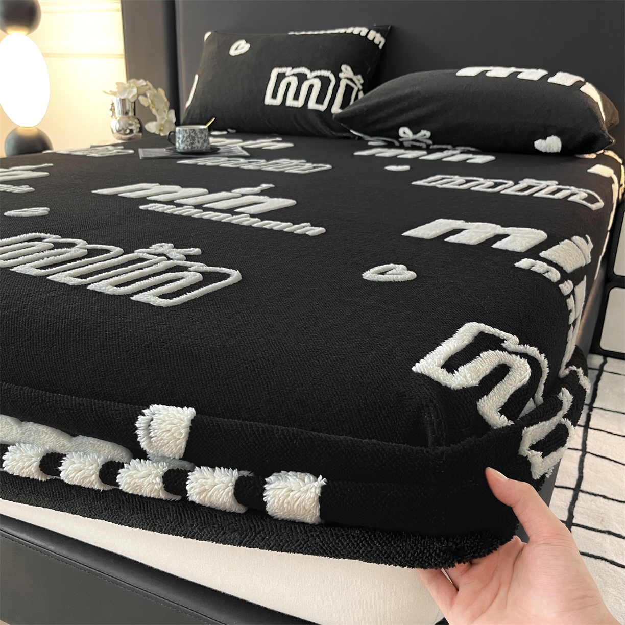 91家纺网 家纺一手货源 找家纺 慕木家纺 2025新款A类高克重云暮绒床笠款四件套(跨境专供首选）提供买家秀 云暮绒min床笠四件套-墨池黑