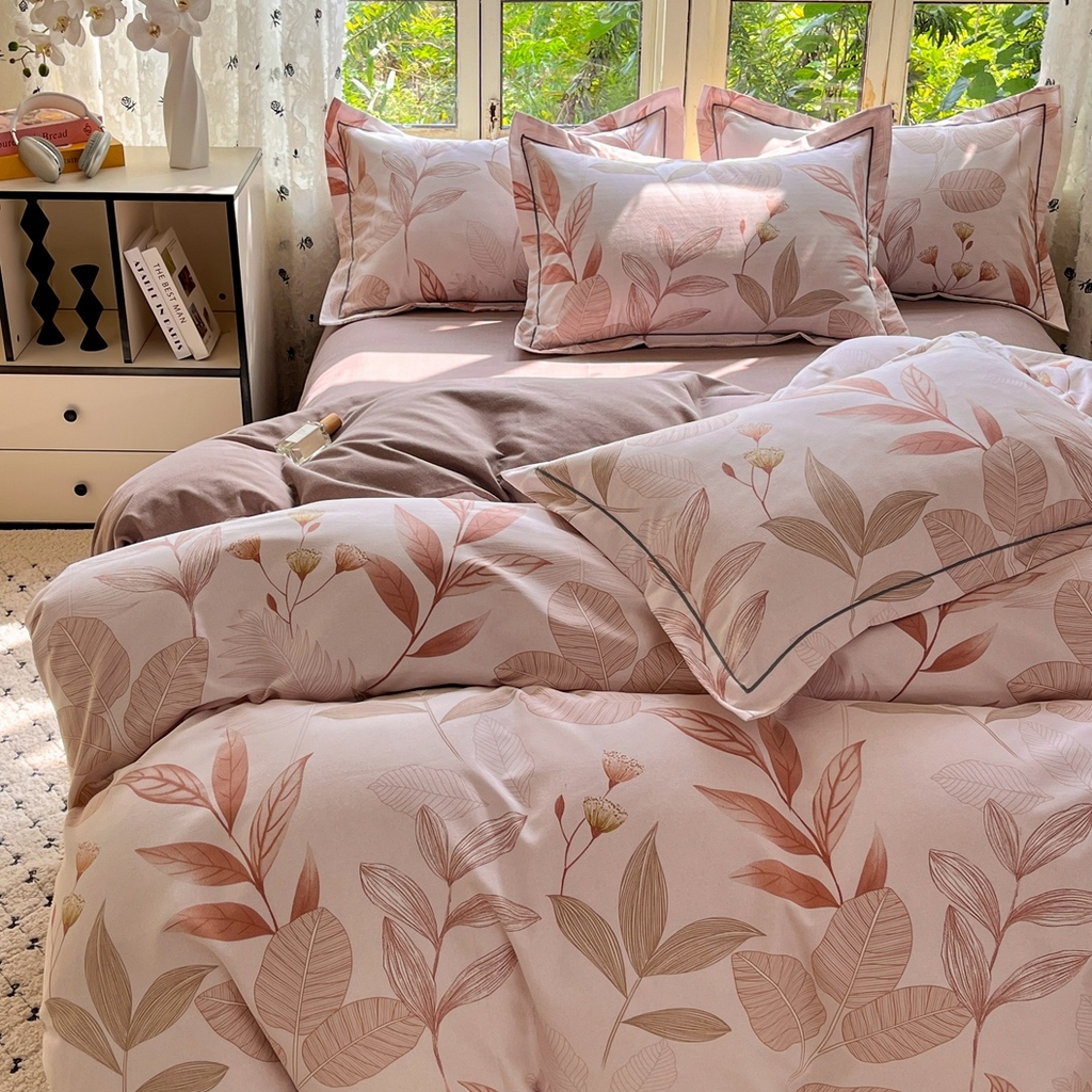 91家纺网 家纺一手货源 找家纺  简约 2025新款全棉四件套活性生态磨毛四件套 相思叶-咖