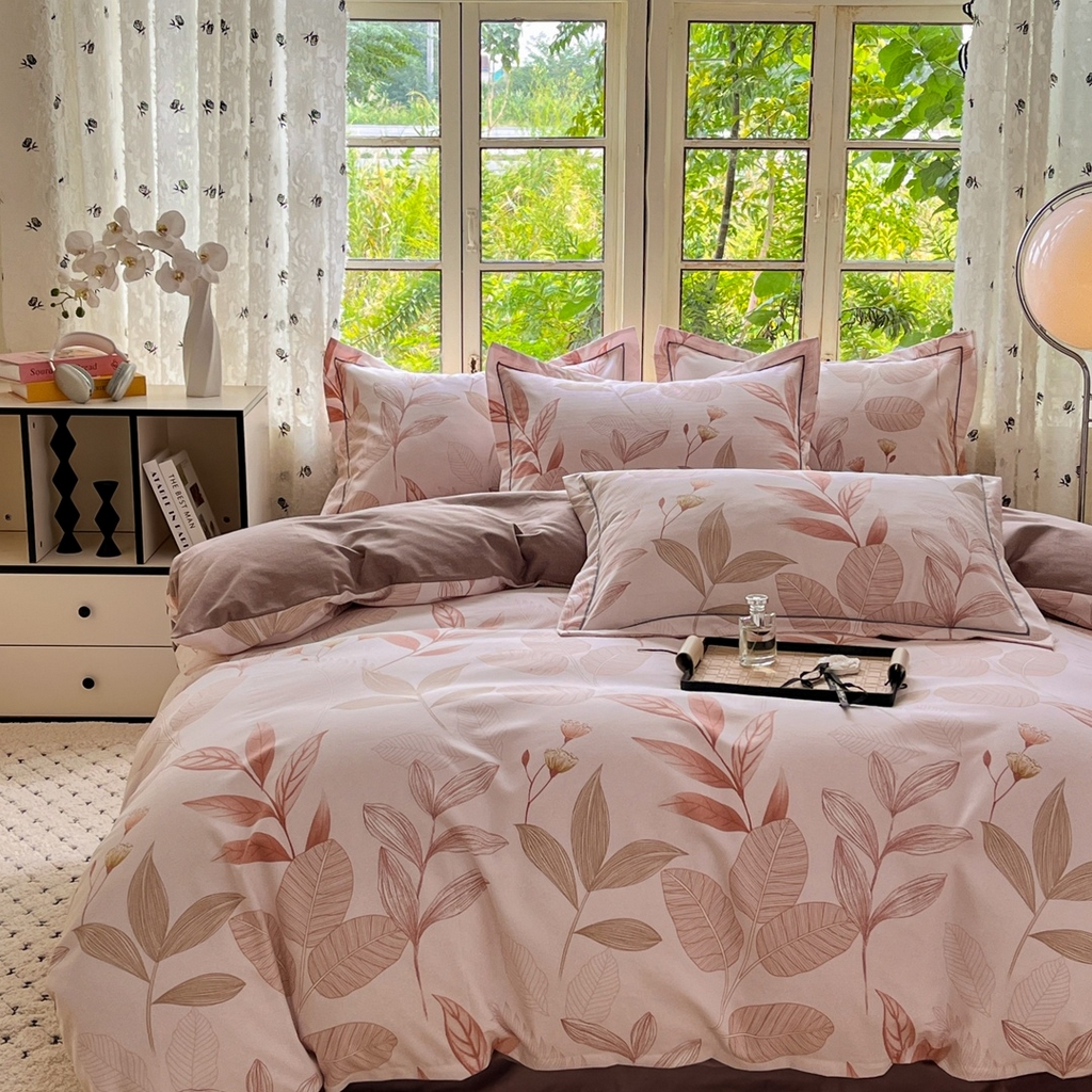 91家纺网 家纺一手货源 找家纺  简约 2025新款全棉四件套活性生态磨毛四件套 相思叶-咖