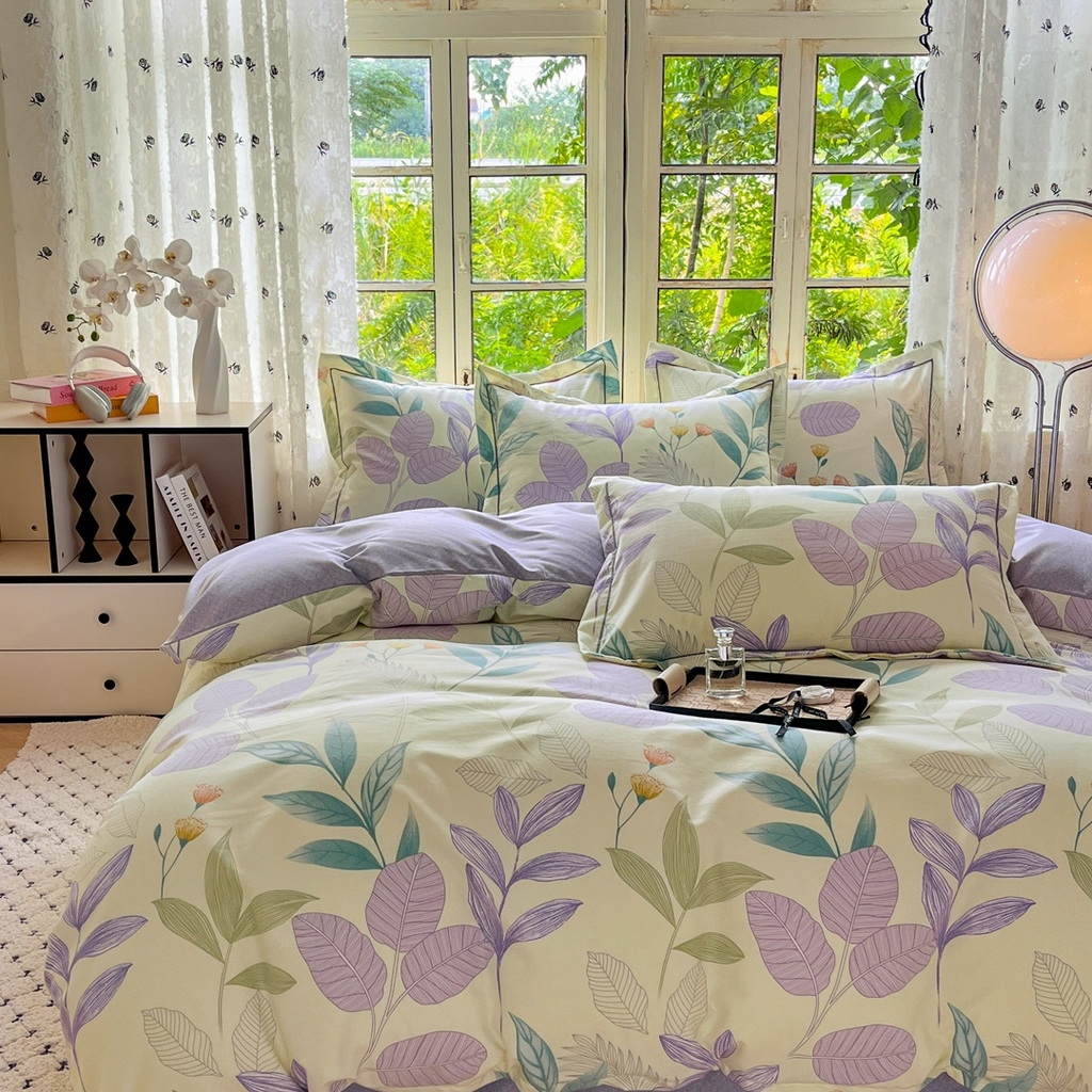 91家纺网 家纺一手货源 找家纺 简约 2025新款全棉四件套活性生态磨毛四件套 相思叶-绿