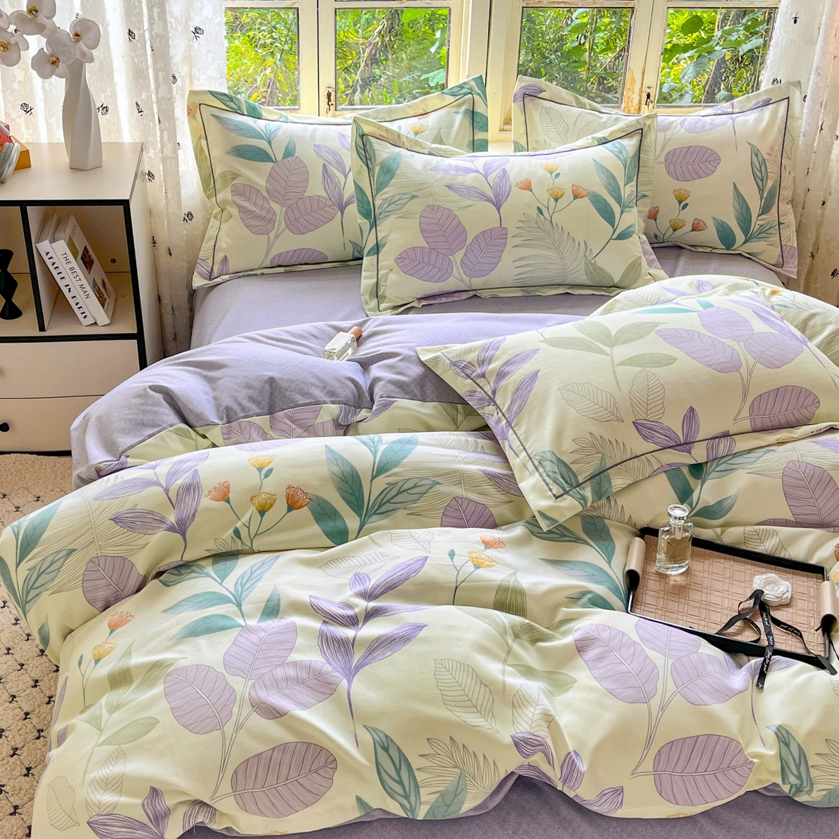 91家纺网 家纺一手货源 找家纺 简约 2025新款全棉四件套活性生态磨毛四件套 相思叶-绿