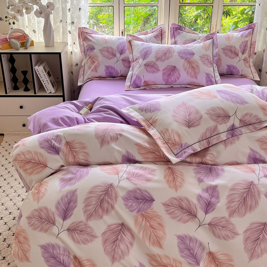 91家纺网 家纺一手货源 找家纺 简约 2025新款全棉四件套活性生态磨毛四件套 叶初开-粉