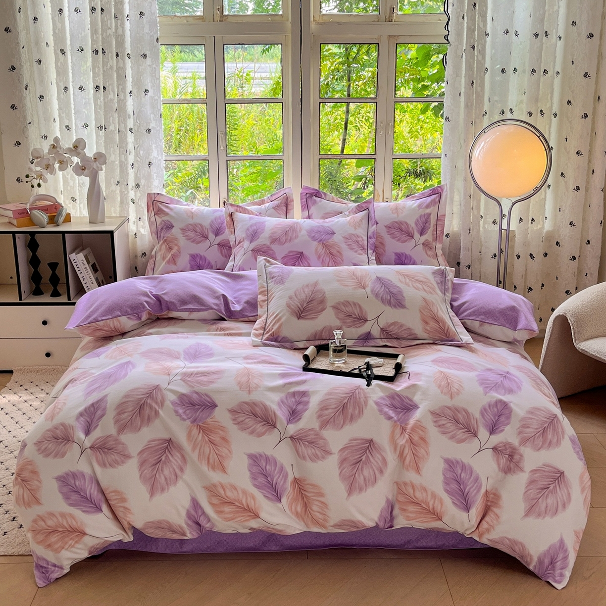 简约 2025新款全棉四件套活性生态磨毛四件套 叶初开-粉