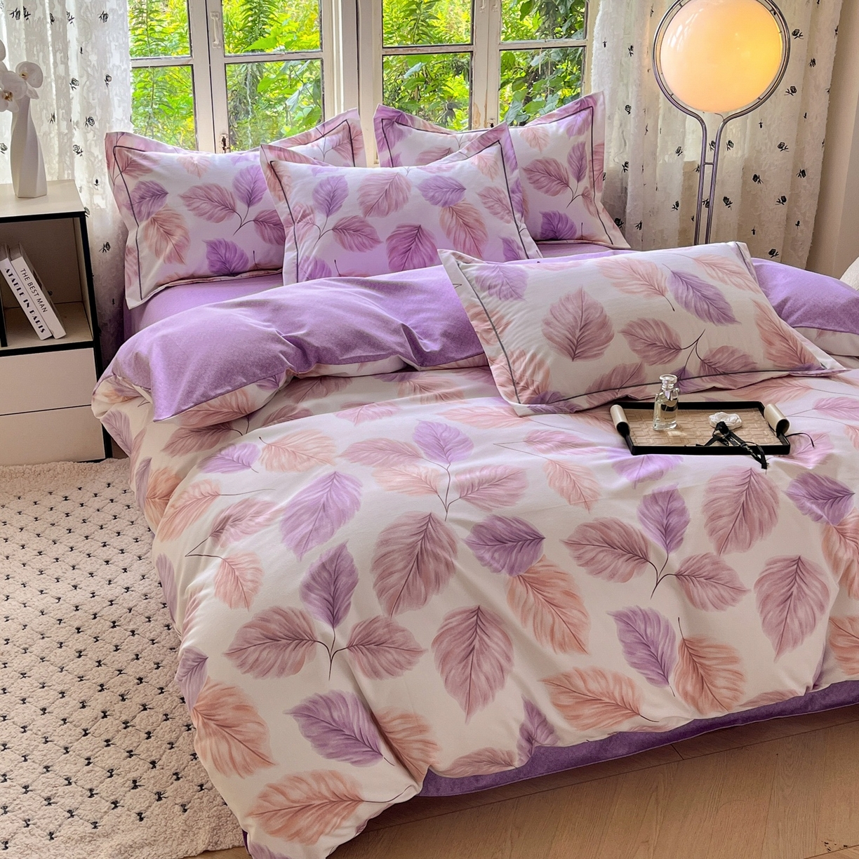 91家纺网 家纺一手货源 找家纺 简约 2025新款全棉四件套活性生态磨毛四件套 叶初开-粉