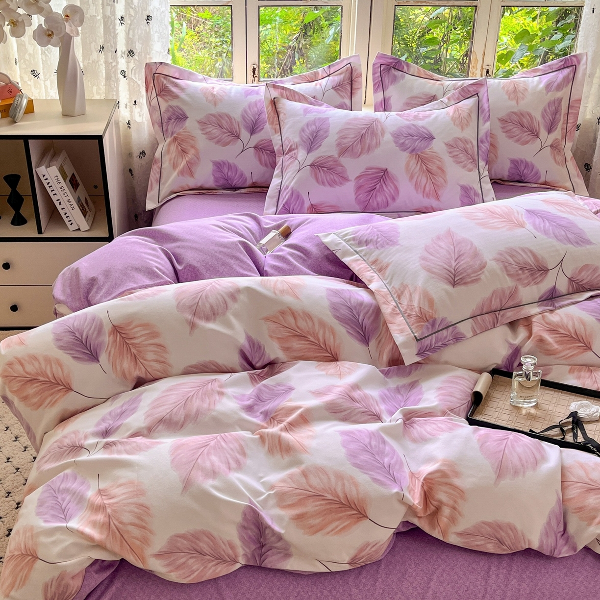 91家纺网 家纺一手货源 找家纺 简约 2025新款全棉四件套活性生态磨毛四件套 叶初开-粉