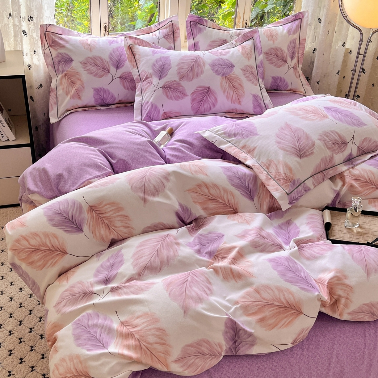 91家纺网 家纺一手货源 找家纺 简约 2025新款全棉四件套活性生态磨毛四件套 叶初开-粉