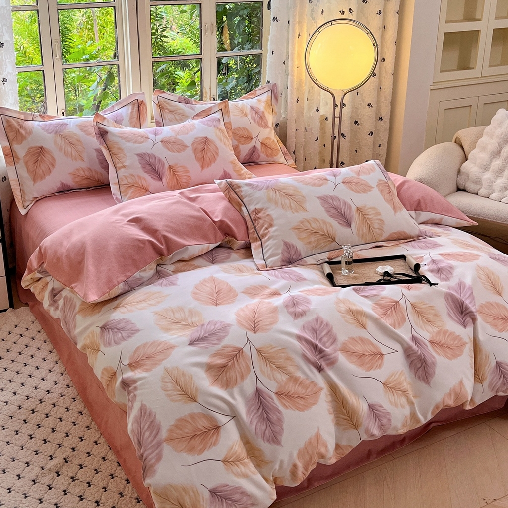 91家纺网 家纺一手货源 找家纺  简约 2025新款全棉四件套活性生态磨毛四件套 叶初开-桔