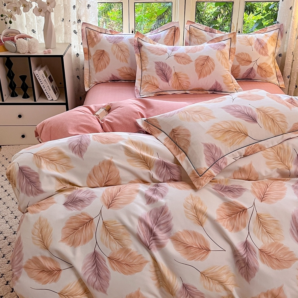 91家纺网 家纺一手货源 找家纺  简约 2025新款全棉四件套活性生态磨毛四件套 叶初开-桔