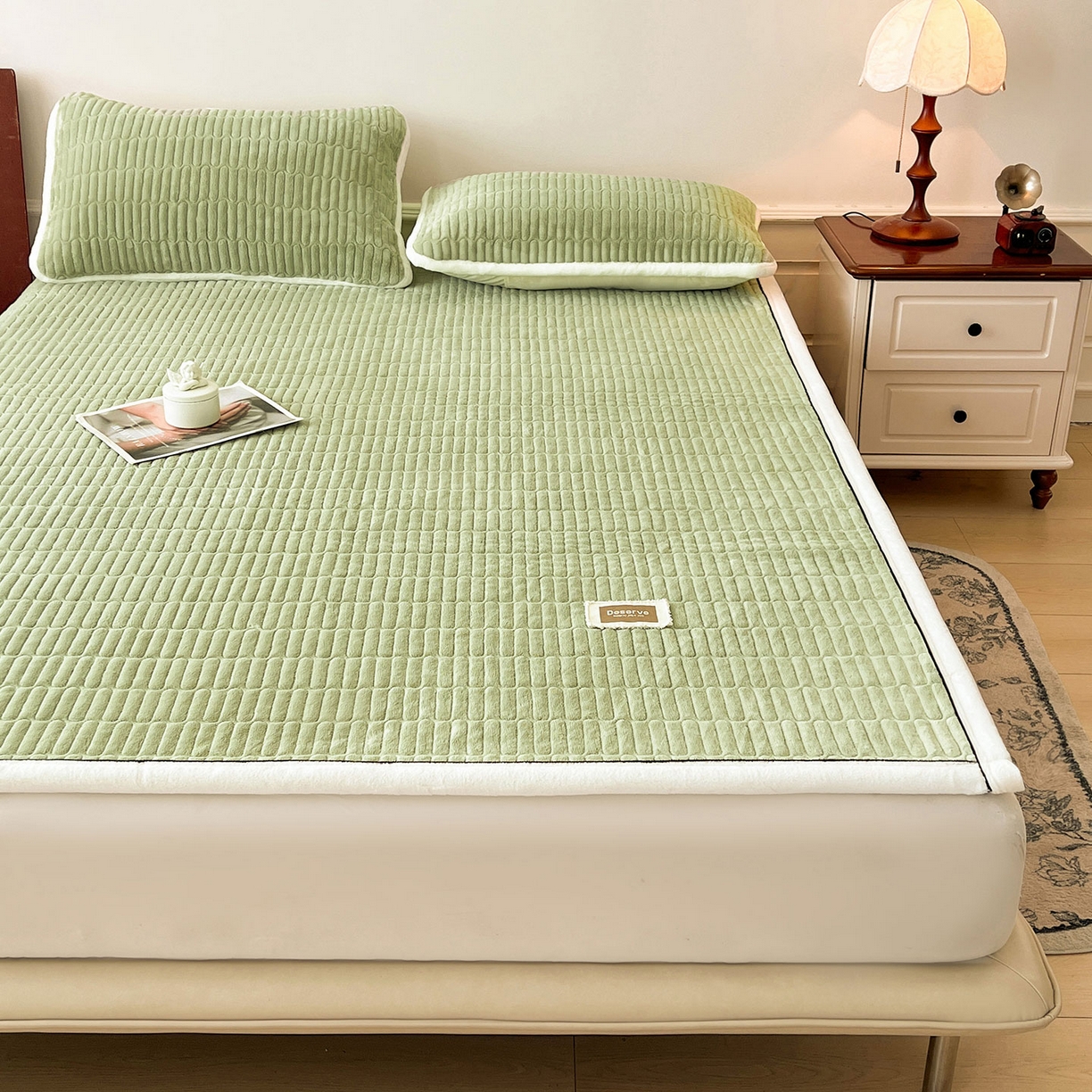 91家纺网 家纺一手货源 找家纺 喜居 2025新款A类高克重宝宝绒夹棉床褥垫-绮梦系列 绮梦-绿-宝宝绒床褥垫