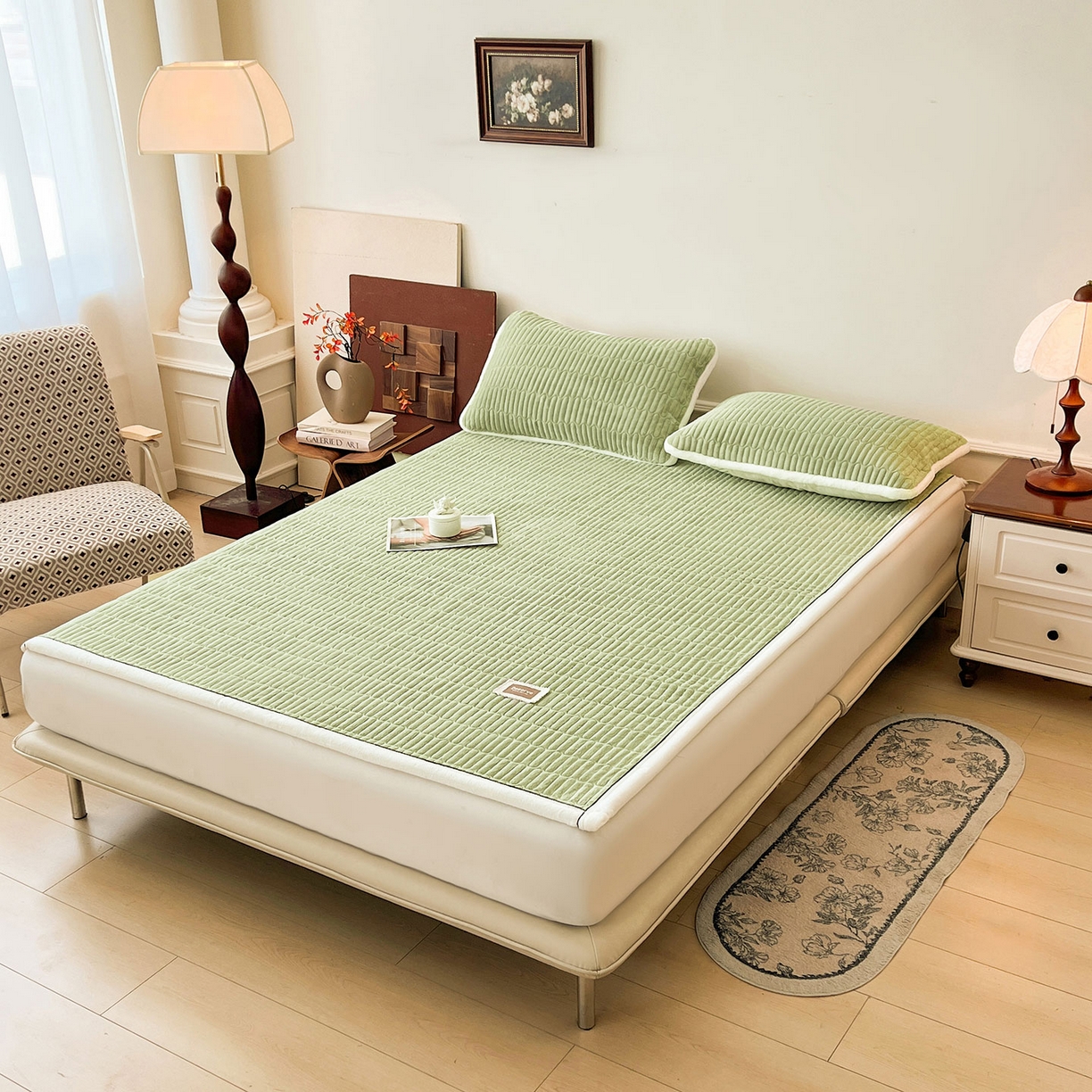 91家纺网 家纺一手货源 找家纺 喜居 2025新款A类高克重宝宝绒夹棉床褥垫-绮梦系列 绮梦-绿-宝宝绒床褥垫